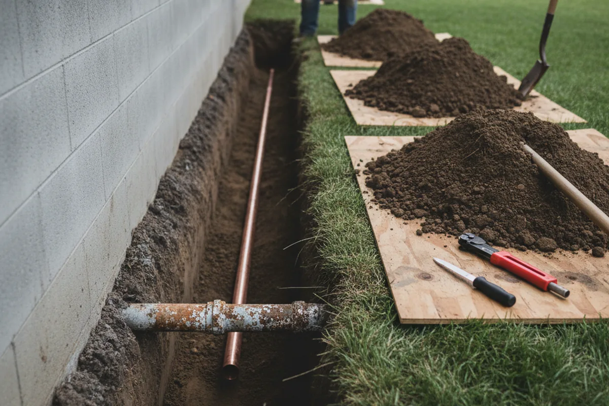 Excavated water line trench during Sewer Line Repair in Cheriton